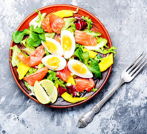 Diet salad with salmon,mango and fresh lettuce