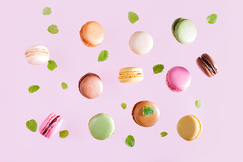 Assorted macaroons falling cookies with mint leaves on pink background