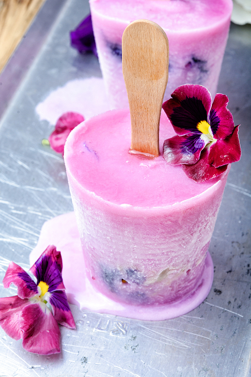 Summer vanilla ice cream with fresh flowers