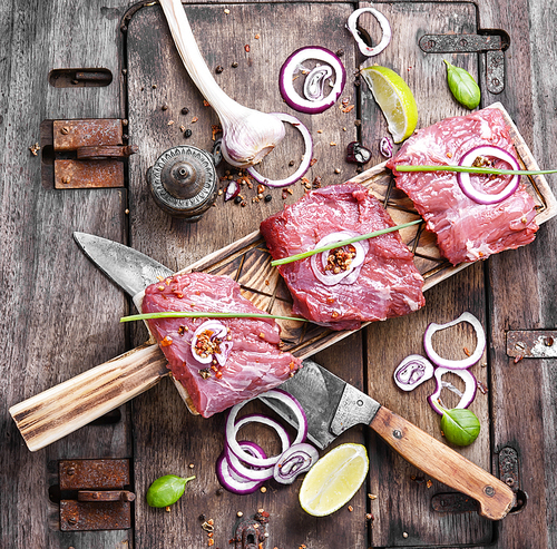Raw beef meat on cutting board with spices and onion