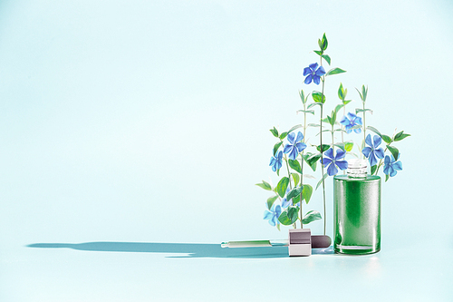 Herbal skin care cosmetics and beauty concept. Green Facial Serum or oil bottle with dropper or pipette and medical flowers and herbs stand at  blue background, front view. Minimal creative layout