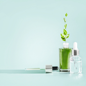 Herbal facial skin care cosmetics bottle with dropper and pipette at blue background . Natural  serum or oil products with green medicinal herb and leaves, front view . Branding mock-up