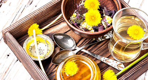 Honey from a blooming spring dandelion and cup of tea