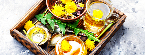 Honey from a blooming spring dandelion and cup of tea