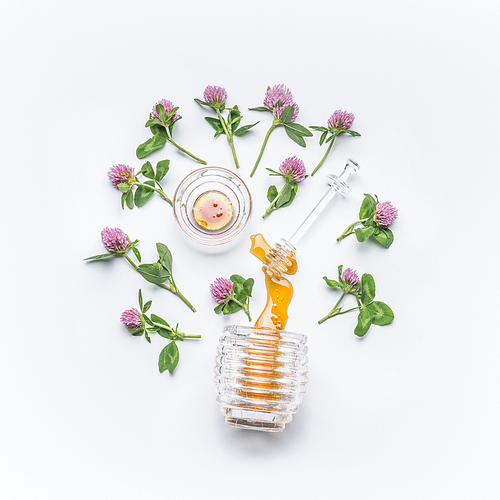 Honey dipper with honey stains from jar  with wild clover flowers on white background, top view
