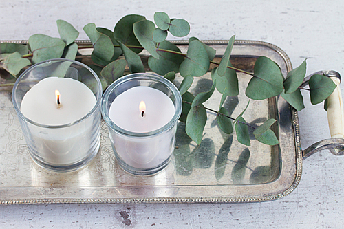 Natural eco home decor with green leaves and burning candles on table