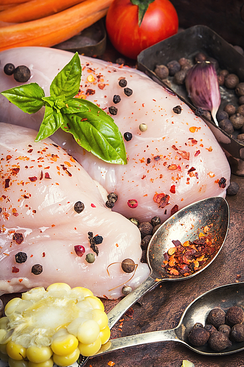 Raw chicken breast and spices for meat in spoons