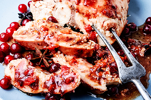 Grilled healthy chicken breasts with cranberry sauce.Sliced chicken breast