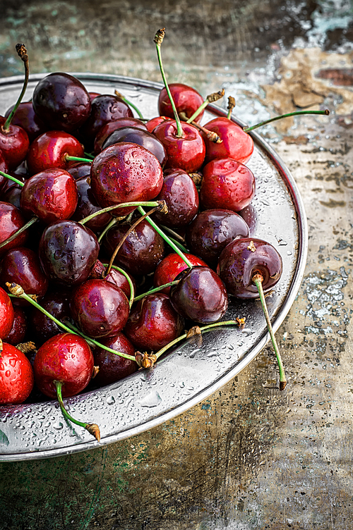 ripe large cherries in the iron bowl iron on the background in bright sunlight.The image is tinted.Selective focus