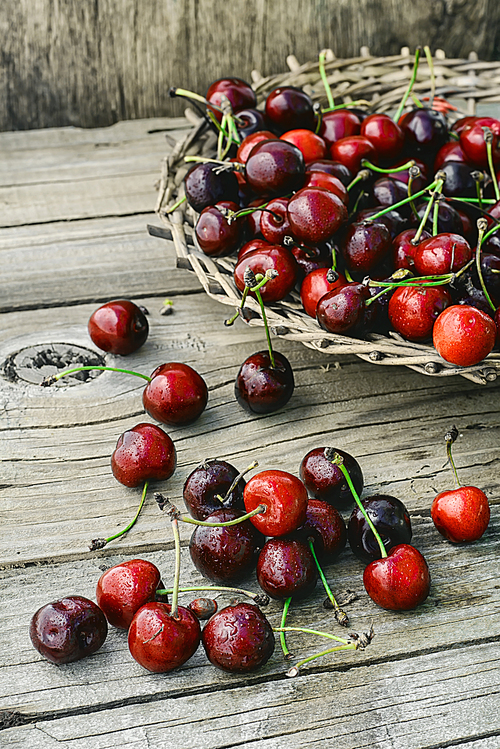 Ripe sweet cherry fruits in a wooden basket.Photo tinted