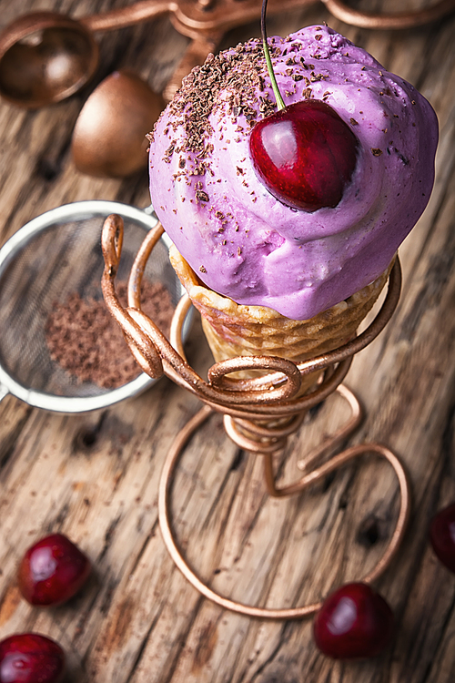 Ice cream in a waffle horn in a stylish stand