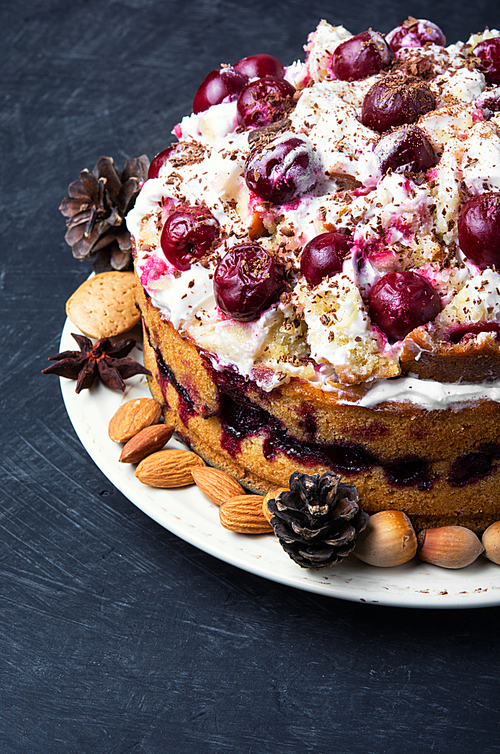 home cream pie with cherry in a rustic style