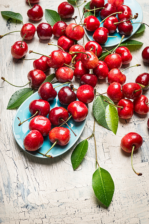 Lots of red cherries , top view. Summer berries concept