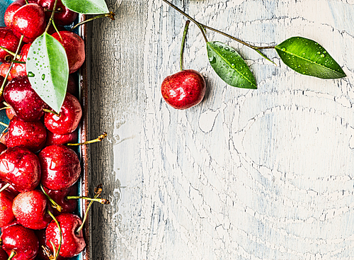 Close up of Sweet cherries on light vintage background, top view