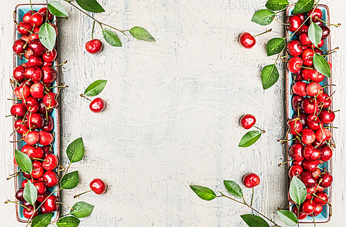 Organic Sweet cherries with leaves , harvest from garden on white rustic wooden  background , top view, frame