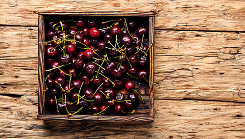 Fresh cherry in box on wooden blue background.Sweet cherries.Cherry.