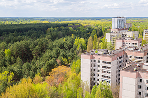 Aerial view on residential area of abandoned Pripyat city in Chernobyl Exclusion Zone, Ukraine