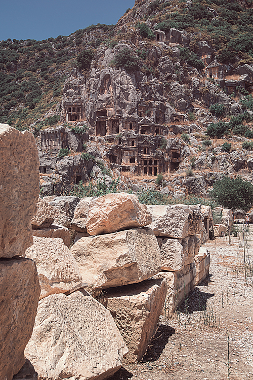 Ancient lycian Myra rock tomb ruins at Turkey Demre