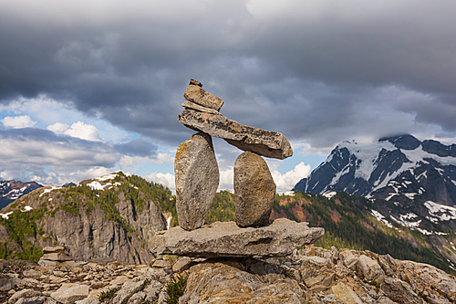Stack of rocks called a cairn in high mountains