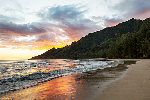 Amazing hawaiian beach at fantastic sunset. Beautiful holidays background.