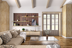 Modern interior design of house, living room with beige sofa, door 3d rendering