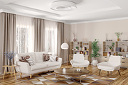 Modern interior of living room with white sofa, armchairs  and coffee table 3d rendering