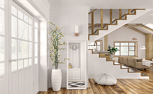 Modern interior design of hall, living room with staircase 3d rendering