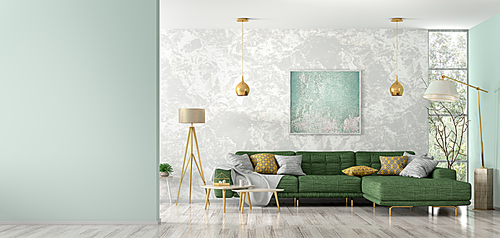 Modern interior of living room with green corner sofa, coffee tables, floor lamp, wall with copy space 3d rendering