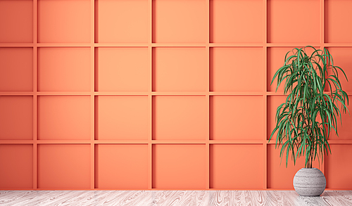 Empty interior background, room with orange paneling wall, vase with plant on the white wooden floor 3d rendering