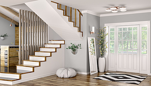 Interior of modern entrance hall with door and staircase 3d rendering