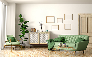 Modern interior of living room with green sofa and armchair, wooden door and cabinet, home design 3d rendering