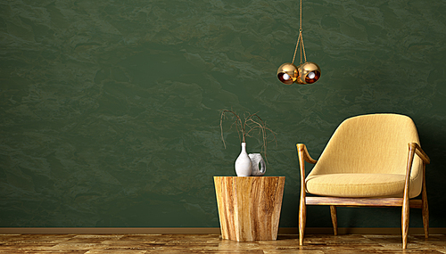 Interior of living room with wooden coffee table, golden lamp and yellow armchair against green stucco wall with copy space 3d rendering