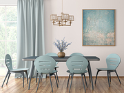 Interior of modern dining room, blue table and chairs against white wall with big window and curtain 3d rendering