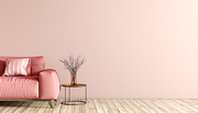 Modern interior of living room with pink sofa and coffee table with flower branch, wall with copy space 3d rendering