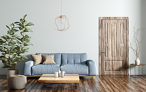 Modern interior design of living room with blue sofa, wooden coffee table, door 3d rendering