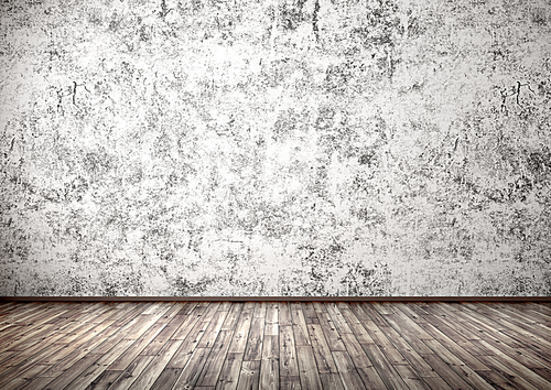 Interior background of an empty room with stucco wall and brown hardwood floor 3d rendering