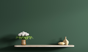 Beige wooden shelf with bouquet of white roses in copper vase over dark green wall, home decor, interior background 3d rendering