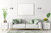 Modern interior of living room with white sofa, chests, poster and lights over white wall 3d rendering