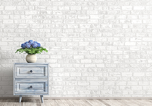 Interior background of living room with blue wooden cabinet and vase with bouquet of roses over white brick wall. Home decor. 3d rendering