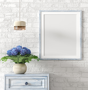 Mock up poster frame above wooden chest with bouquet of blue roses, and light over white brick wall, interior decoration background 3d rendering
