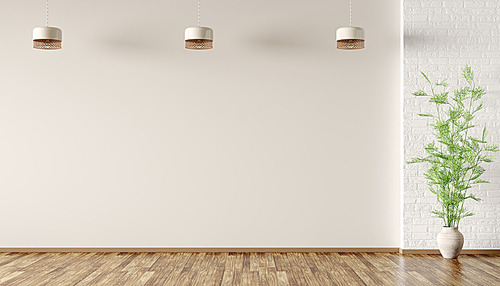 Empty room interior background, beige and white brick wall wall, vase with green branch and lamps 3d rendering