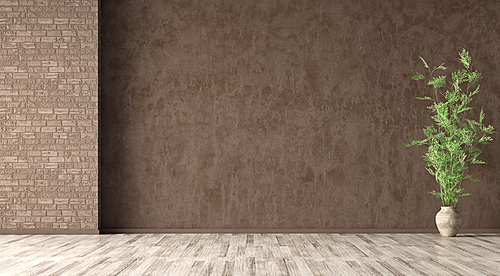 Empty room interior background, brown stucco wall, vase with branch on the beige parquet flooring 3d rendering
