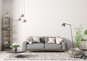 Modern interior of apartment, living room with grey sofa, floor lamp, coffee table and rug 3d rendering