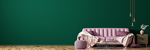 Modern interior of living room with pink sofa, coffee tables and plant against dark green wall, panorama 3d rendering