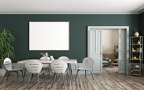 Interior of modern dining room and living room, wooden table and chairs against green wall with big mock up poster frame, sliding doors 3d rendering