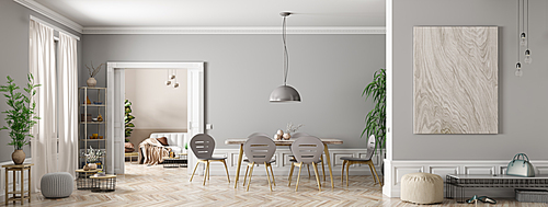 Modern interior of apartment, dining room with table and chairs, living room with sofa, hall panorama 3d rendering