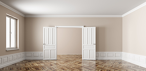 Classic interior of empty apartment with two rooms, opened doors,window, beige walls with white paneling and wooden parquet flooring 3d rendering