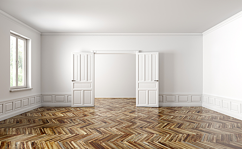 Classic interior of empty apartment with two rooms, living room with opened doors,window, white walls with paneling and brown wooden parquet flooring 3d rendering