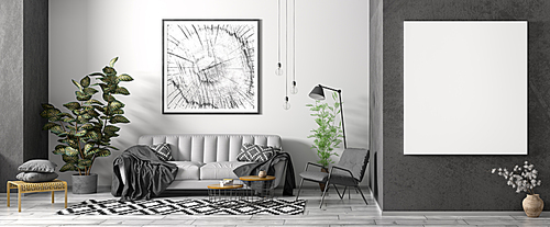 Modern interior design of scandinavian apartment, living room with grey sofa, black armchair, coffee tables and plant, panorama with poster 3d rendering
