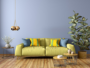 Modern interior design of living room with green sofa, wooden coffee tables, plant, against blue wall 3d rendering